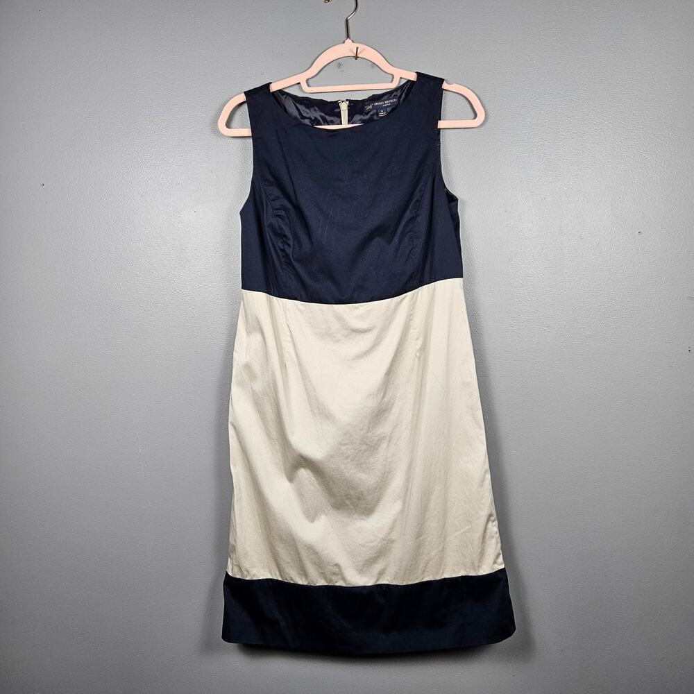 Brooks Brothers Womens 6 Sheath Dress Colorblock Stretch Cotton Navy Blue Cream